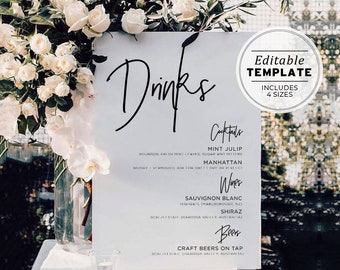 Juliette Wedding Drinks Menu, Minimalist Bar Menu Printable Editable Template #004