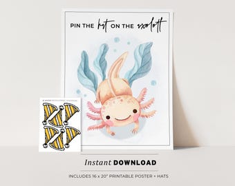 Kids Party Game, Pin the Hat on the Axolotl Printable Poster, Birthday Party Game, INSTANT DOWNLOAD