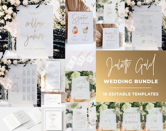 Wedding Signs, Wedding Bundle, Wedding Signage, 16 Wedding Templates, Digital Download, Printable Editable Template #017 Juliette Gold