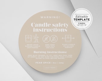 Candle Warning Label Template, Printable Candle Safety Sticker, Sizes: 1.5" / 2" / 3" | EDITABLE TEMPLATE #053 #043 Scandi Minimalist