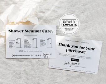 Minimalist Shower Steamer Thank You, Care Instructions Card with Icons, Package Insert | EDITABLE TEMPLATE #055 #043 Mr White