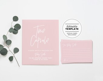 Time Capsule Template, First Birthday Time Capsule, Baby Shower, Sign and Cards, Printable Editable Template #035 Blush Minimalist
