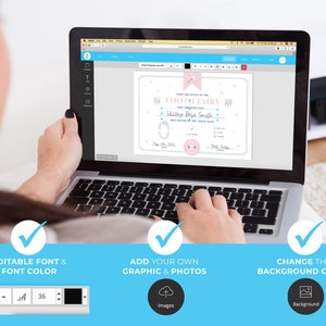 May include: A laptop screen displaying a pink and blue tooth fairy certificate template with the text "Tooth Fairy" and "Illino Bige Smith". The screen shows options to edit the font, add graphics and photos, and change the background color.