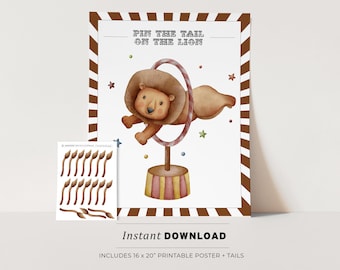Pin the Tail on the Lion Circus Theme Kids Party Game Printable Poster, Birthday Party Game, INSTANT DOWNLOAD