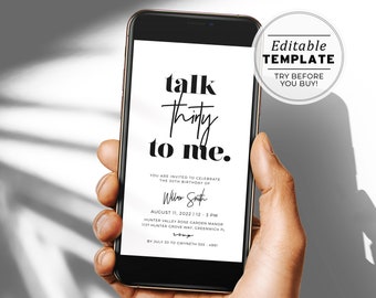 Talk Thirty To Me Minimalist 30th Birthday Party Digital e-Invite | EDITABLE TEMPLATE #001