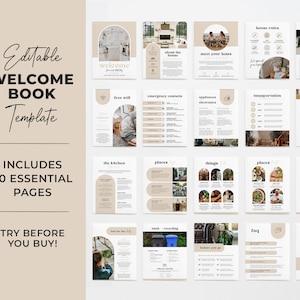May include: A digital template for a welcome book with 20 pages. The template features a neutral beige colour scheme with brown accents. The pages include sections for house rules, transportation, places to eat, and more.