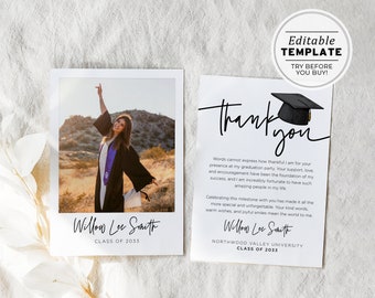 Graduation Thank You Card, Graduation Thank you, Graduate Hat Tag, Thank You Note, High School, College, University | EDITABLE TEMPLATE