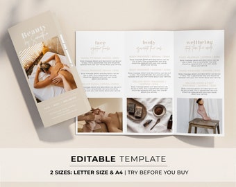 Scandi Minimalist Spa Brochure, Tri-Fold Day spa Price List, Small Business Printable | EDITABLE TEMPLATE #053 #043