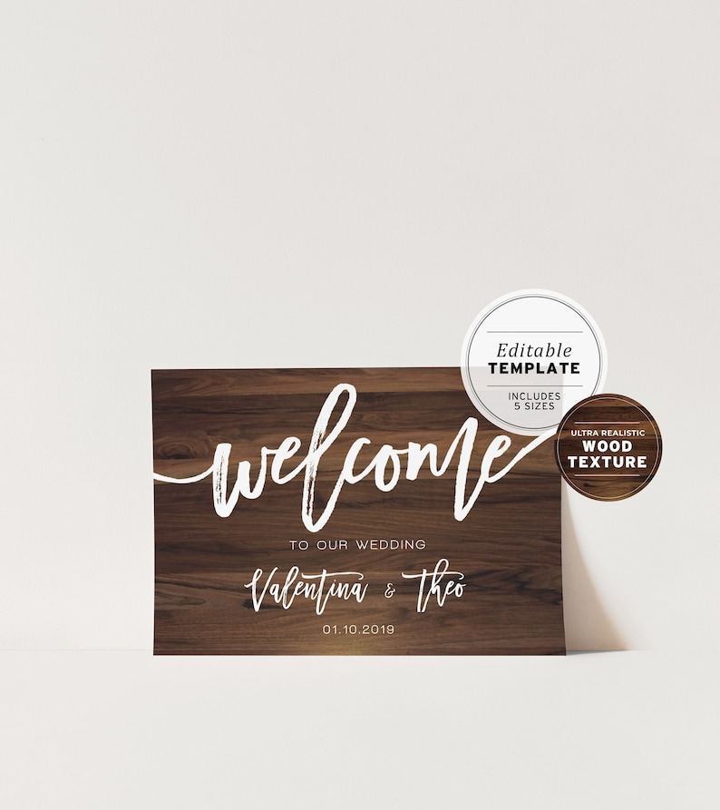 Wood Textured Wedding Welcome Sign, Editable Template, Printable image 1