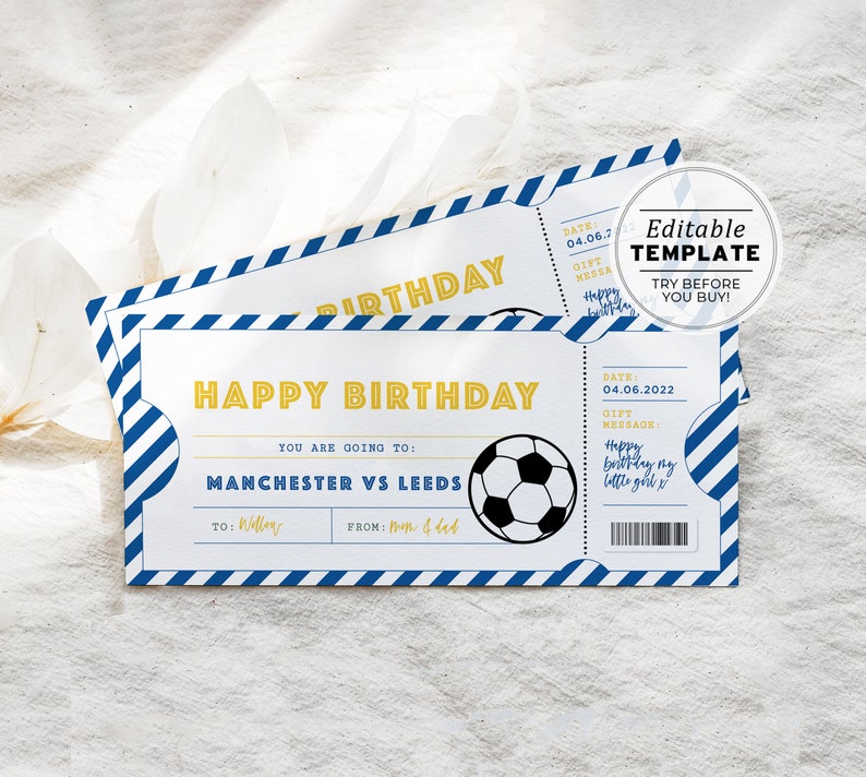 Printable Football Soccer Game Ticket Birthday Gift Template Etsy