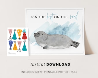 Pin the Hat on the Seal Kids Party Game Printable Poster, Birthday Party Game, INSTANT DOWNLOAD