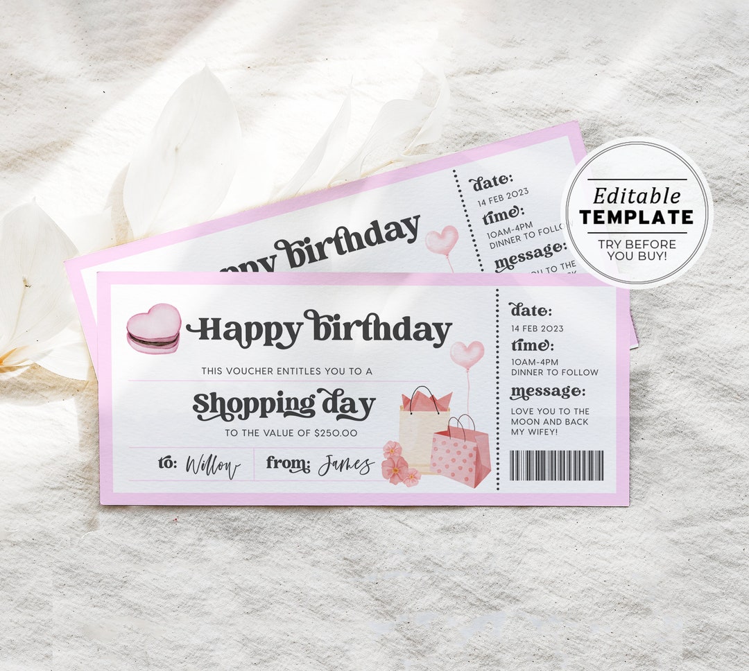 Printable Birthday Gift Voucher Template, Shopping Day Gift Voucher ...