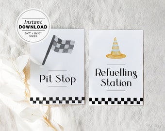 Red Race Car Watercolor Signs - Set of 2, Pitstop sign, Refuelling Station Sign, Party Food Table Sign | INSTANT DOWNLOAD #098