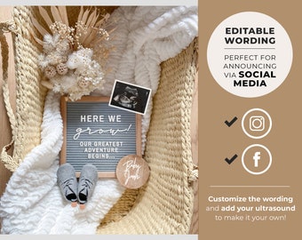 Digital Pregnancy Announcement, Social Media, Pregnancy Due Date, Letter Board, Gender Neutral, Pregnancy Reveal, Editable Template