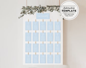 Powder Blue Minimalist Wedding Seating Chart Template, Hanging Table List, Wedding Seating Sign, Printable, Editable Template #036