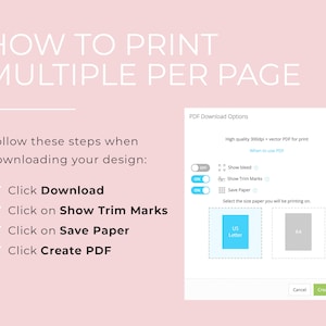 May include: A screenshot of a computer screen showing a PDF download options window. The window has a title that says "PDF Download Options". There are three toggle switches labeled "Show bleed", "Show Trim Marks", and "Save Paper". There are two buttons labeled "Cancel" and "Create PDF".