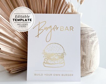 Juliette Gold Minimalist Burger Bar Sign, Printable Digital File | EDITABLE TEMPLATE #017