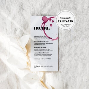 Hello 40 Rotweinfleck Minimalistisches Menü, Hochzeitsmenüvorlage, bearbeitbare Vorlage, druckbar #066