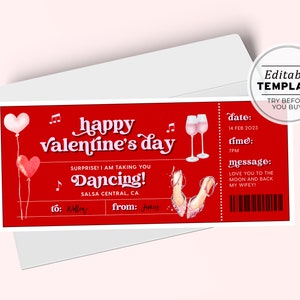 Modèle imprimable de cadeau de billet de la Saint-Valentin, bon cadeau de danse, coupon de la Saint-Valentin | MODÈLE MODIFIABLE #082