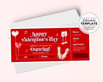 Printable Valentine's Day Ticket Gift Template, Dancing Gift Voucher, Valentines Day Coupon | EDITABLE TEMPLATE #082