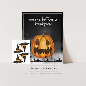Halloween Pin the Hat onto the Pumpkin, Halloween Printable Poster, Halloween Party Game, INSTANT DOWNLOAD #080
