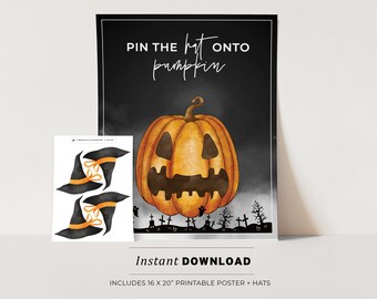 Halloween Pin the Hat onto the Pumpkin, Halloween Printable Poster, Halloween Party Game, INSTANT DOWNLOAD #080