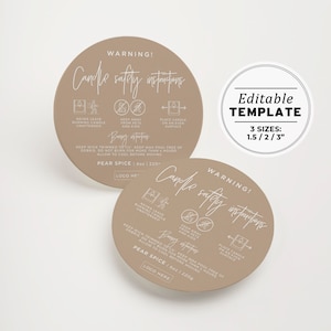 Candle Warning Label Template, Printable Candle Safety Sticker, Sizes: 1.5" / 2" / 3" | EDITABLE TEMPLATE #052 #043 Nue Minimalist image 3