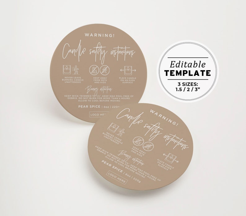 Candle Warning Label Template, Printable Candle Safety Sticker, Sizes: 1.5" / 2" / 3" | EDITABLE TEMPLATE #052 #043 Nue Minimalist image 3