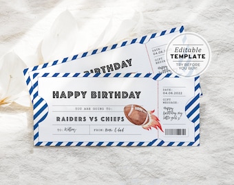 Printable Football Game Ticket Birthday Gift Template, Party Invitation | EDITABLE TEMPLATE #082