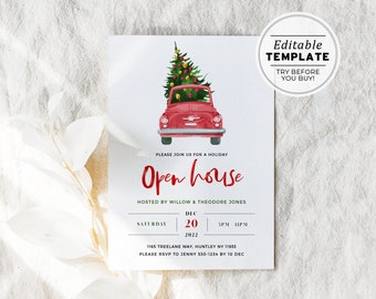 Holiday Open House Invitation Template, Christmas Party Invitation, Editable Template, Holiday Invitation, Family Christmas Invite