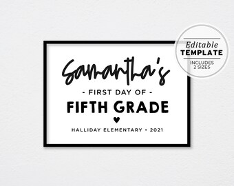 First Day of 5th Grade Sign Template, Back to School Printable, First Day Picture, First Day Photo Prop | EDITABLE TEMPLATE
