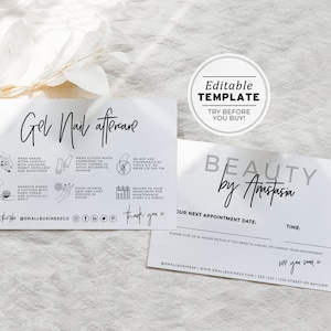 Juliette Minimalist Gel Nails Nachsorgekarte, Terminkarte, bearbeitbare Pflegekarte | DRUCKBARE EDITIERBARE VORLAGE #050 #043