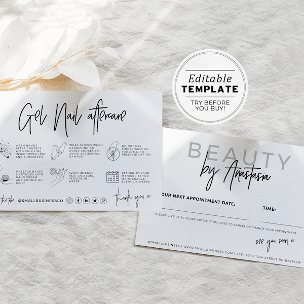 Juliette Minimalist Gel Nails Aftercare Card, Appointment Card, Editable Care Card | PRINTABLE EDITABLE TEMPLATE #050 #043