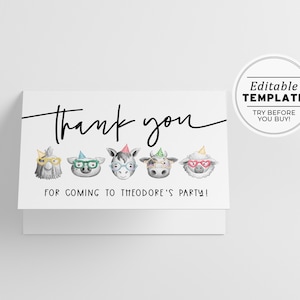 Party Farm Animals Thank You Card, Birthday Thank You Card | PRINTABLE EDITABLE TEMPLATE #079