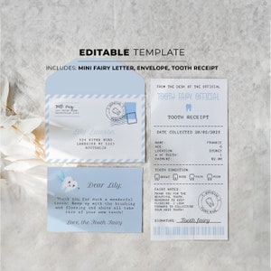 Modelos editáveis do kit de carta da fada do dente - inclui mini envelope, carta, recibo de dente | Conjunto de impressão personalizável DIY em casa - BILLY