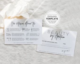 Juliette Minimalist Hair Extension Aftercare Tips and Appointment Card, Editable AfterCare Card | EDITABLE TEMPLATE #050 #043