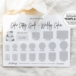 May include: A printable cake cutting guide for wedding cakes. The guide includes a size guide for 2x1 pieces, and shows how to cut round and square cakes for different serving sizes. The guide also includes the text "The Little Baker" and "Cake Cutting Guide - Wedding Cakes".