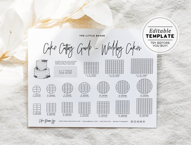 May include: A printable cake cutting guide for wedding cakes. The guide includes a size guide for 2x1 pieces, and shows how to cut round and square cakes for different serving sizes. The guide also includes the text "The Little Baker" and "Cake Cutting Guide - Wedding Cakes".