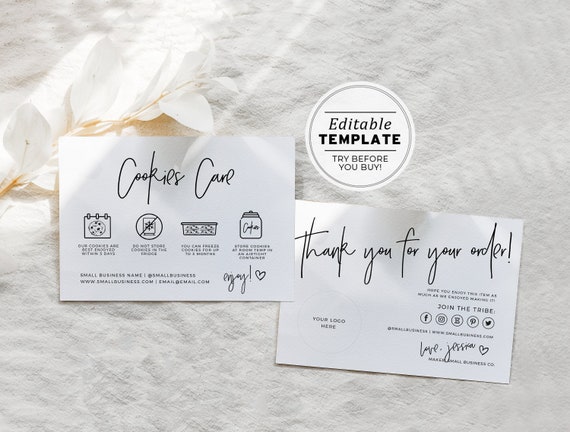 Cookies Care Cards, Thank You Cards, Minimalist Bakery Thank You Insert, Small Business, Printable Editable Template #050 #043 Juliette