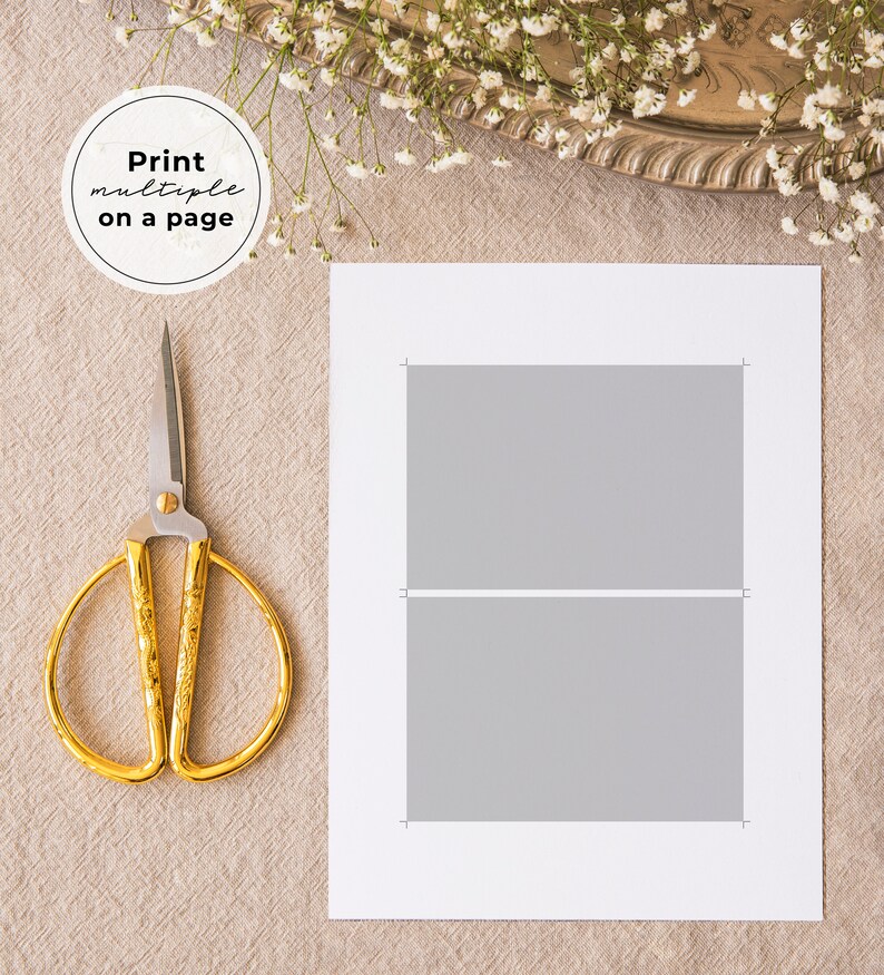 May include: A white sheet of paper with two gray rectangles, each with a thin white line separating them. The paper is on a beige surface with a pair of gold scissors and a white flower arrangement in the background.