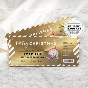 Modèle de cadeau de Noël imprimable de billet de voyage de route, cadeau surprise de billet de voyage de route, certificat-cadeau de Noël | MODÈLE MODIFIABLE #082 #094