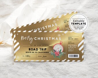 Printable Road Trip Ticket Christmas Gift Template, Surprise Road Trip Ticket Gift, Christmas Gift Certificate | EDITABLE TEMPLATE #082 #094