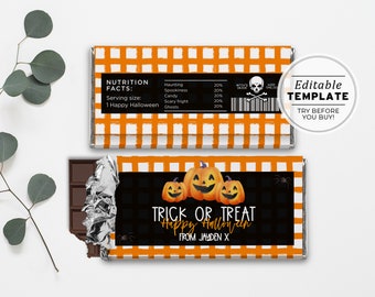 Halloween Pumpkin Wrapper Printable, Trick or Treat Chocolate, Hershey's 1.55oz Bar, Aldi Chocolate | EDITABLE TEMPLATE #080