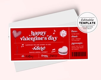 Printable Valentine's Day Gift Ticket Template, Concert Ticket Gift, Valentines Day Coupon | EDITABLE TEMPLATE #082