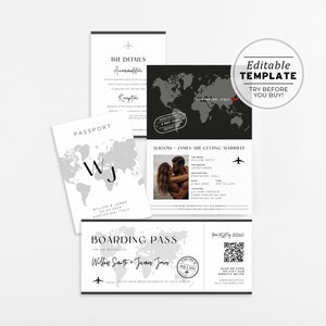 Suite de modèles de faire-part de mariage passeport Amelia Willow, faire-part de mariage sur le thème du voyage, invitation de mariage aventure, carte d&#39;embarquement #028
