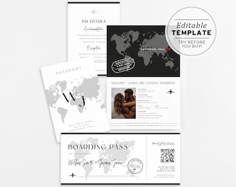 Amelia Willow Passport Wedding Invitation Template Suite, Travel Themed Wedding Invitation Set, Adventure Wedding Invite, Boarding Pass #028