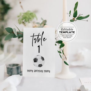Modello di numeri da tavolo da calcio minimalista, numeri da tavolo per feste di compleanno, numeri da tavolo stampabili / MODELLO MODIFICABILE #077