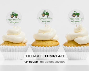 Minimalist Green Tractor Theme Cupcake Topper Kids Birthday Party | EDITABLE TEMPLATE #058