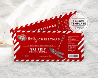 Printable Ski Pass Christmas Gift, Ski Trip Gift Voucher, Santa Gift Certificate, Ski Holiday, Editable Christmas Coupon Template #082 #092