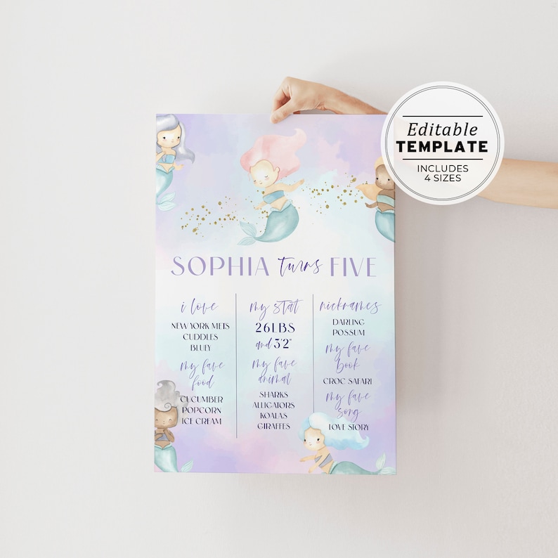 Coralia Mermaid Watercolor Birthday Milestone Poster EDITABLE TEMPLATE, Printable 084 image 1